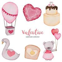 Día de San Valentín establece elementos globo de aire, pastel, peluche y más. plantilla para kit de pegatinas, saludo, felicitaciones, invitaciones, planificadores. ilustración vectorial vector