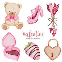 Valentines Day set elements air teddy, shoes, arrow and more. Template for Sticker kit, Greeting, Congratulations, Invitations, Planners. Vector illustration