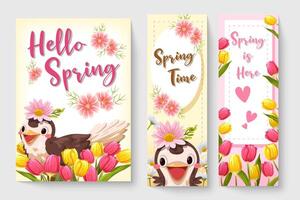 watercolor illustration of flowers with cute bird. Invitation template Hello Spring, spring time, spring is here with floral. Hello spring lettering vector