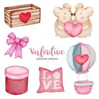 Día de San Valentín establece elementos almohada, globo de aire, ratón y más. plantilla para kit de pegatinas, saludo, felicitaciones, invitaciones, planificadores. ilustración vectorial vector