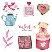 Día de San Valentín establece elementos regalos, peluche, hojas y más. plantilla para kit de pegatinas, saludo, felicitaciones, invitaciones, planificadores. ilustración vectorial vector