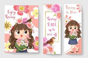 Sweet girl with little bird in spring theme illustration for kids fashion artworks, children books, prints, t shirt graphic. vector