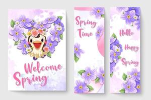 watercolor illustration of flowers with cute bird. Invitation template Hello Spring, spring time, spring is here with floral background. Hello spring lettering vector