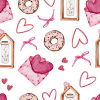 Valentine seamless pattern with heart, donut ribbons and more. Perfect for wallpaper, web page background, textile, greeting cards and wedding invitations vector