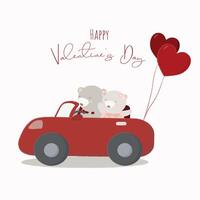 The character of cute animal driving a car with heart balloon in flat vector style. Illustration about love and valentin's day.