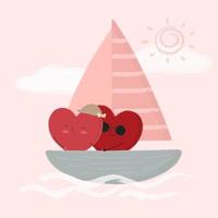 Beautiful couple of heart in a boat in the middle of the river,lake. the Wedding day, holiday, Valentine's day,invitation card, bride and groom, love Freehand drawing vector illustration