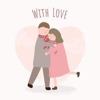 Happy valentine's day festival concept with couple hugging each other. Loving couple in front of heart background and with love emotion flat vector illustration.