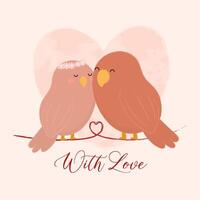 lindos pájaros enamorados sentados en una rama en forma de corazón. fondo en forma de corazón. ilustración del día de san valentín vector