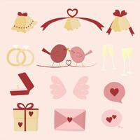 Set of cute birds and different elements with bells, ribbon, rings, gift, heart and glass. soft red background. love patch, badges in cartoon style. vector