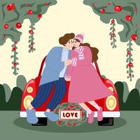 Two Happy lovers sitting on top of the car and look at each other. Modern design stylish illustration. Valentine's Day Card. vector