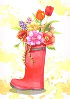 Watercolor illustration. Red polka dot rubber boots with flowers on a background. Spring theme. Composition for design. Greeting card, postcard, poster vector