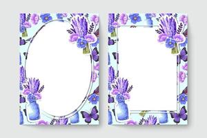 tarjeta botánica con flores de color púrpura, hojas, tarro. concepto de adorno de primavera. cartel floral, invitar. diseño vectorial tarjeta de felicitación decorativa o fondo de diseño de invitación. ilustración dibujada a mano vector