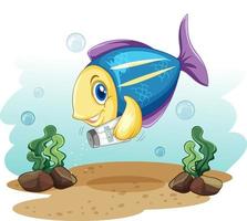 Cute fish cartoon character holding salt bottle vector