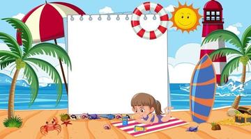 Plantilla de banner vacío con niños de vacaciones en la escena diurna de la playa vector