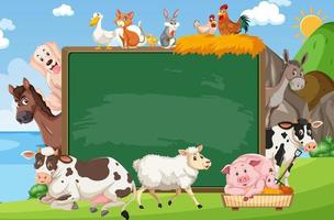 Empty blackboard with various farm animals in the forest vector