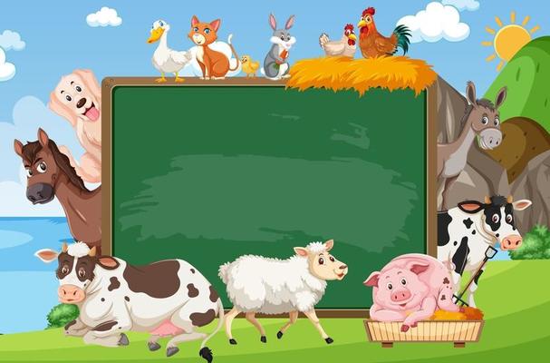 Empty blackboard with various farm animals in the forest