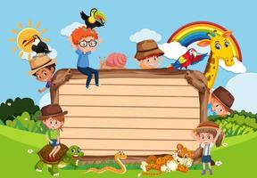 Empty wooden board with kids and zoo animals in the park vector