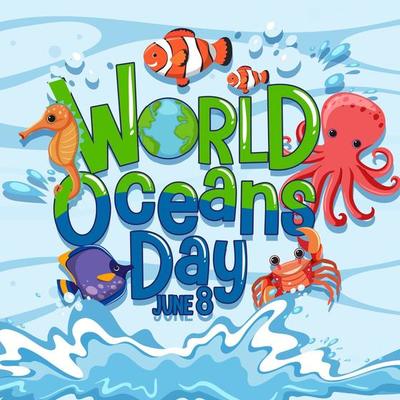 World Ocean Day banner with many different sea animals