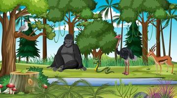 Forest at daytime scene with different wild animals vector