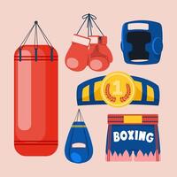 Conjunto de herramientas de equipo de boxeo vector. accesorios de caja. boxeador, anillo, cinturón, sacos de boxeo, guantes rojos, casco. ilustración de dibujos animados plana aislada vector