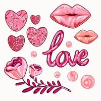 Valentines Day set elements lips, rose, candy and etc. Template for Sticker kit, Greeting, Congratulations, Invitations, Planners. Vector illustration