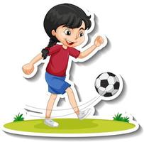 pegatina de personaje de dibujos animados con una niña jugando al fútbol vector