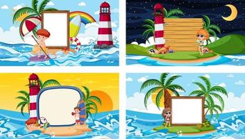 conjunto de pancartas en blanco en diferentes escenas de playas tropicales vector