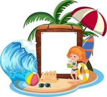 Empty banner template with kids character on summer vacation at the beach on white background vector