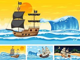 Set of different beach scenes with pirate ship vector