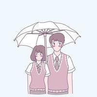 hombres y mujeres jóvenes de pie con uniformes escolares y extendiendo paraguas vector