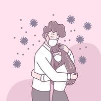 Young people wearing masks and embracing each other on days with the virus vector