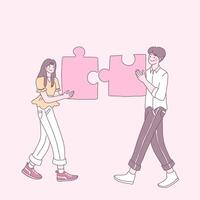 Young people who build puzzles to fulfill their love vector