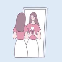 The woman who marks the heart with her hands on the mirror vector