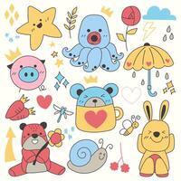 Hand drawn elements of character, animal and vector element on a light white background. Vector illustration.