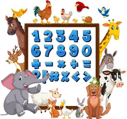 Number 0 to 9 and math symbols on banner with wild animals