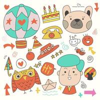 Hand drawn elements of character, animal and vector elements on a light white background. Vector illustration.