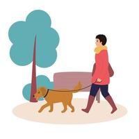 mujer caminando con perro vector