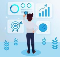 Serious, hardworking employee standing on the middle side , facing backward, holding a magnifying glass illustration, marketing strategy with graphs and symbols. Leadership vector