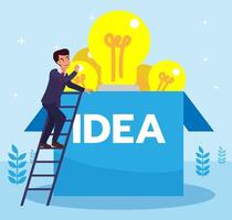 Business man searching for creative idea. Business man climbing to find an idea above the box. Flat design vector illustration