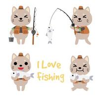 Big set of isolated animals. Vector collection of activity, fishing, funny animals. Cute animals cat in cartoon style.