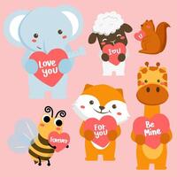 Big isolated vector set with animals in cartoon style with love sign. Vector collection for valentine day celebration. Elephant, Monkey, Bee, Cat etc