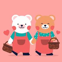 Vector Honey Bear Poses, couple waling on the way with bucket hanging on hand. pink color background.