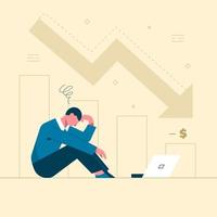 Business people Depressed and stressed upset sitting on ground with laptop. Stock financial trade market diagram. Vector illustration flat design. Isolated on white background. Declining graph. Downward arrow.