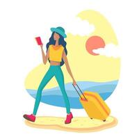 Silhouette of traveling woman with cap, backpack and trolley. Group of diverse travelers in the background vector