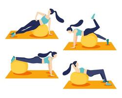Healthy young woman practicing yoga in living room, relaxing weekend at home. Vector illustration. Workout, exercise, fitness, indoor, meditation, lifestyle, stay at home concept