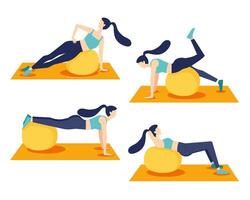 mujer joven sana practicando yoga en la sala de estar, relajante fin de semana en casa. ilustración vectorial. entrenamiento, ejercicio, fitness, interior, meditación, estilo de vida, concepto de estancia en casa vector