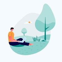 Relaxed freelancer guy sitting on On the Open space. Working in laptop with good natural places. Remote work. flat vector flat illustration.