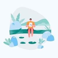 Relaxed freelancer guy sitting on On the river bank. Reading in tablet computer with good natural places. flat vector flat illustration.
