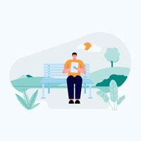 Relaxed guy sitting on On the bench. Reading in good natural places. Relax with tablet computer. Remote work. flat vector flat illustration.