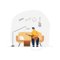 Singer is singing by sitting on funiture. And recoding music for a radio station for entertainment. flat illustration vector